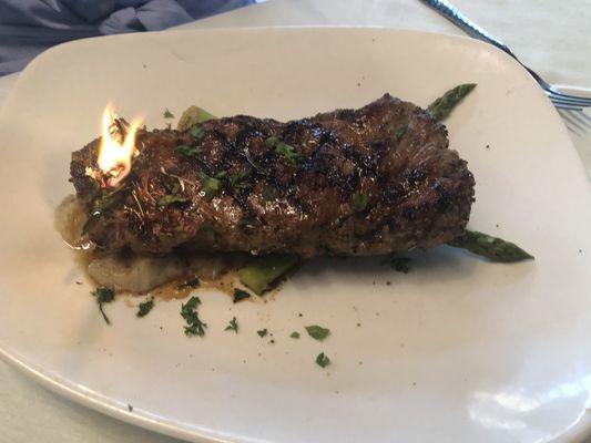 New York Strip Steak ( Yes the thyme is on fire for presentation)