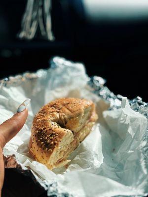 Grilled Ham Egg and Cheese on an Everything Bagel