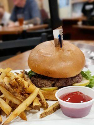 Freshly ground Bison Burger with fries, $18