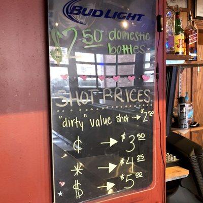 Current Beer Price and Shots Price Legend (Value Shots W/O 151 (Not Dirty) Are $2.00)