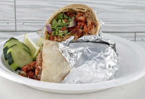 California burrito : rice,refried beans,any meat of choice , with onion and cilantro