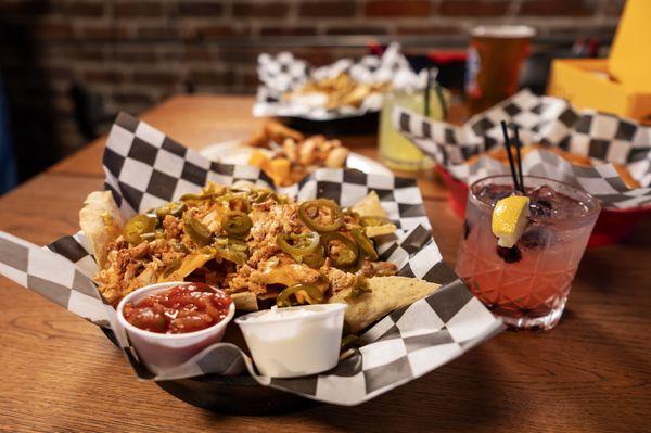 Chicken nachos and a Blueberry Lemonade