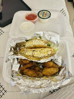 Lemon pepper beef and chicken tacos and lemon pepper wings.