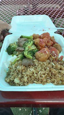 Sweet & Sour Chicken, with beef & broccoli, side of fried rice.