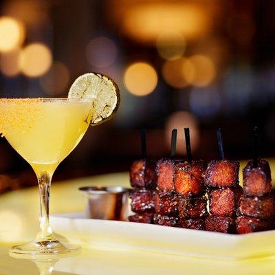 Bar 79's Social Hour Menu - Smoky Rita handcrafted cocktail and Perry's Famous Pork Chop 'Bites'