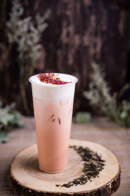 Gun N Rose - Jasmine Milk Tea infused with Rose topped with Cheese Crema and Rose Petals