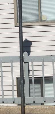 The lamp post that's being held together by a hanger.