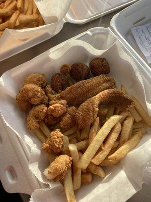 Fried catfish and shrimp combo plate from our recently opened cooking trailer! We even make our own tarter sauce from scratch!!!