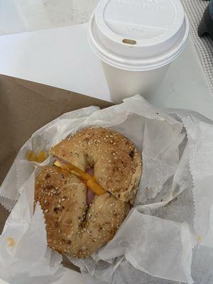 breakfast bagel, latte