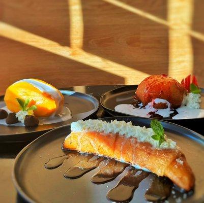 Mango sticky rice, Fried ice cream and Fried roti banana .