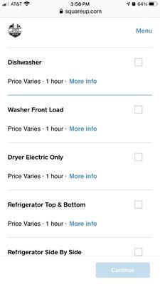 Square menu when booking.