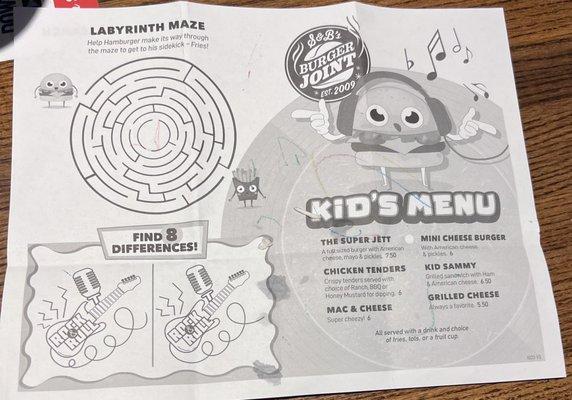 Kids menu