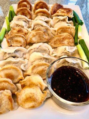 Top to bottom: beef & onion, Chicken & Mushroom, and Pork & Cabbage. Steamed and Potsticker Style.