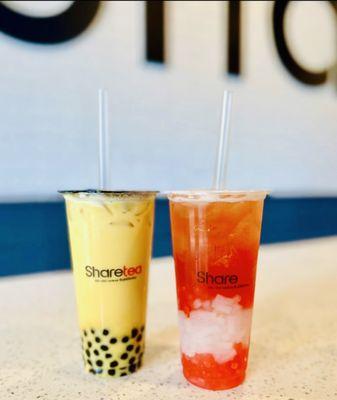 Mango Green Milk Tea with Boba & Strawberry Oolong Tea with Lychee & Popping Boba