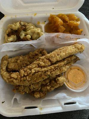 Fried fish, vegan macaroni and cheese (ate some), butternut squash