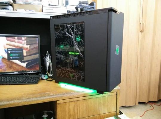 Gaming rig outside view with lights on