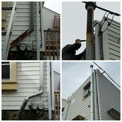 Some before and after pictures. Bottom two are the new double wall aluminium smoke pipe with galvanized straps and screws.