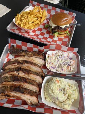 Smash Burger w/fries and Half Rack Ribs Meal with coleslaw and potato salad.