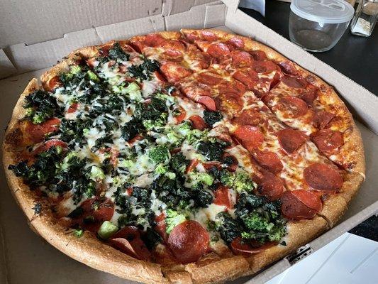 Large delicious custom pizza all pepperoni and half with broccoli and sautéed spinach! Yum!!!