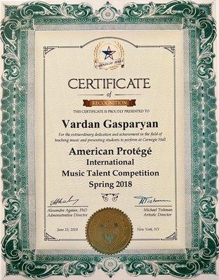 American Protege Music Competition Certificate