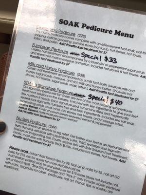 Pedicure Menu.