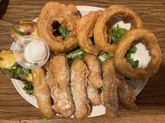 the sampler: fried zucchini, fried onion rings, two potato skins = $13.99