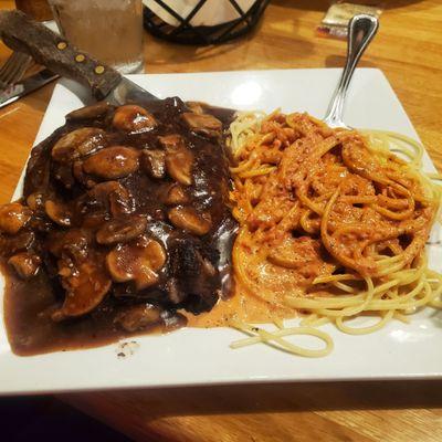 Ribeye with a mushroom gravy sauce. Not that good. It had a lot of gassy char flavor. Undercooked too but I like rare so I kept it.