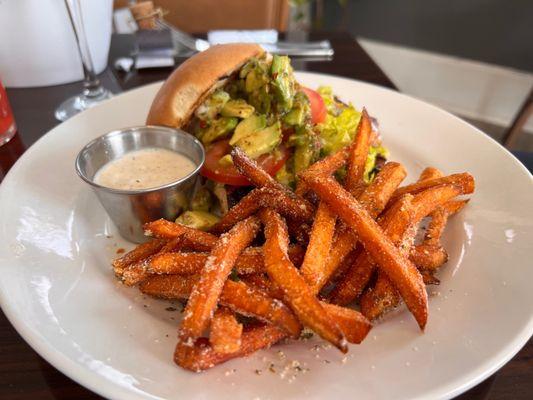 Chicken bacon ranch sandwich with sweet potato fries