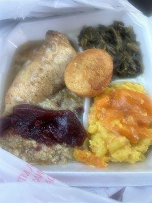 Baked chicken and Baked Chicken & Dressing, collard greens, macaroni and cheese with cornbread