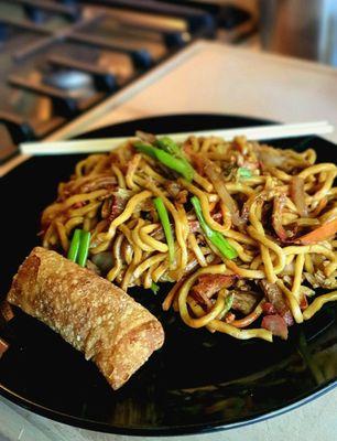 Small Pork Lo Mein with eggroll (plated at home)