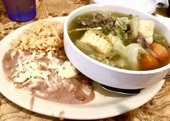 Caldo de res (or beef soup)--has substantial amount of meat, and one of the most flavorful broths I've ever tasted.