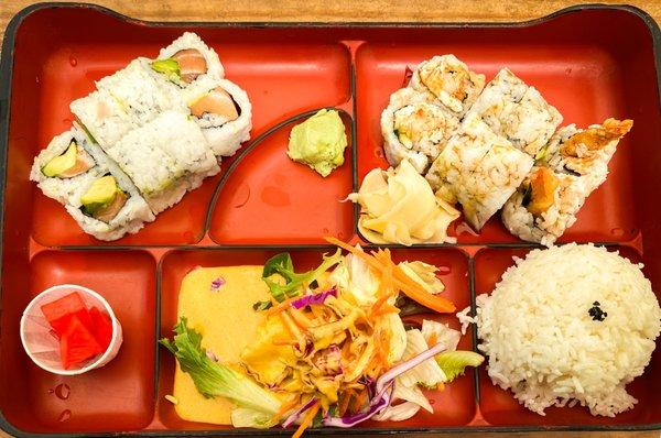 Bento box with shrimp tempura roll and Alaska roll