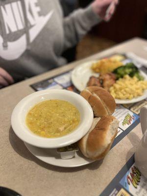 Soup, bread, and dinner- a full course meal