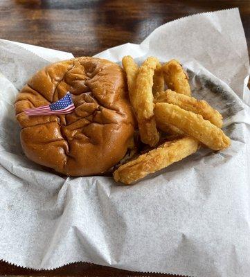 JB Burger & onion rings