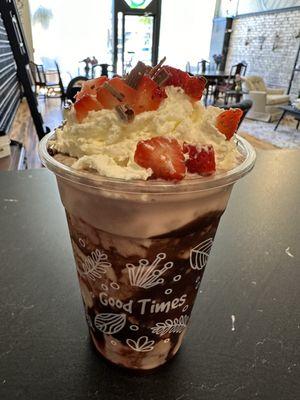 Signature drink created by one of our employees.  This is a decadent chocolate covered strawberry smoothie