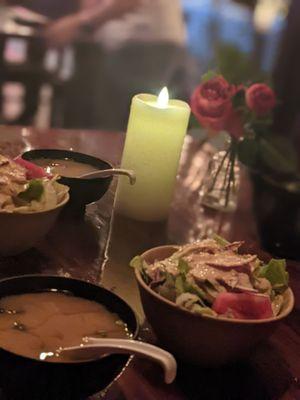 Miso soup, salad.