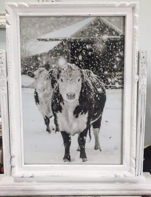 Vintage swivel frame with adorable snow cow scene