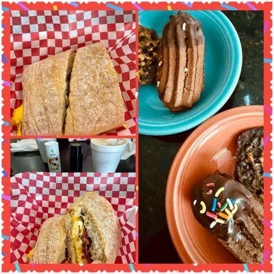 Breakfast sandwiches eggs and bacon and cheese on ciabatta bread, chocolate raspberry fingers and chocolate Florentine cookies