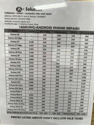 Samsung/Android phone repair pricelist