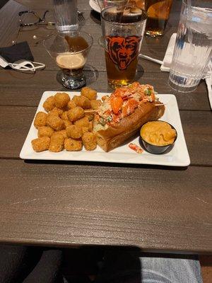 Lobster roll with tater tots, cheese dip and MyGrain Pilchers Pale Ale beer AND Peanut Butter Cup Martini!            Life is GOOD!!!!