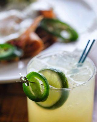 21 Seeds cucumber jalapeño small batch tequila, fresh lime & lemon juices, orange flower water, jalapeño ring & lime wheel!