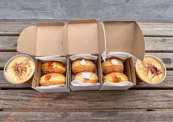 Our take home goodies: Einspanner, Everything Brioche Donut, Passionfruit Donut, Black Sesame Strawberry Donut, & BSL