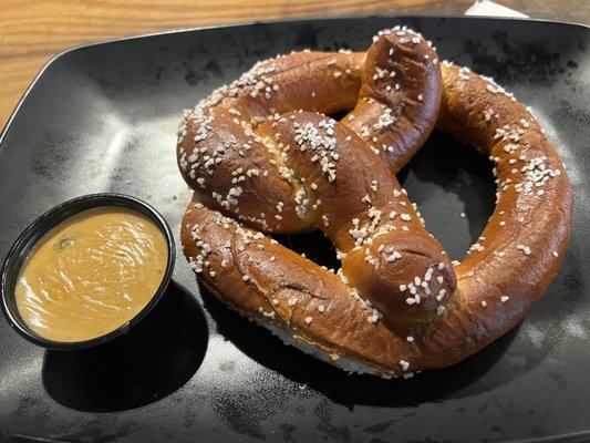 Pretzel is $5 on HH. EXTREMELY SALTY (back of pretzel is CAKED IN SALT)!! Order without salt.