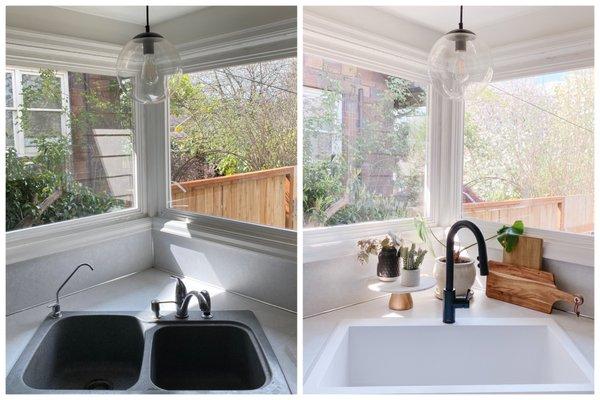 Looking to upgrade your kitchen sink and faucet? Opt for a beautiful sink and faucet like this client did, and give us a call!