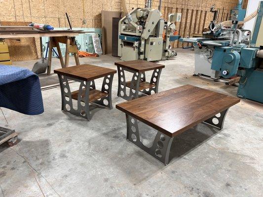 Walnut and stainless coffee table and side tables set ready for delivery