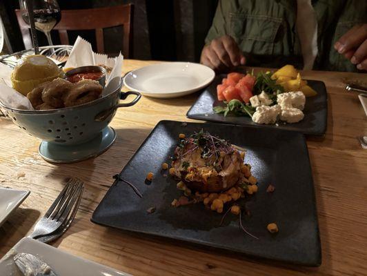 Appetizers - crab cake, Signature Fried Calamari and watermelon salad