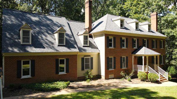 Roof and window replacement in Reeds Landing neighborhood of Midlothian, VA.  Shingles are CertainTeed Grand Manor's "Colonial Slate" color.