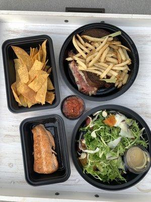 Chips & salsa, Reuben & fries, beet salad + salmon