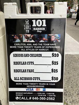 101 Barber  Shop UWS Price list.