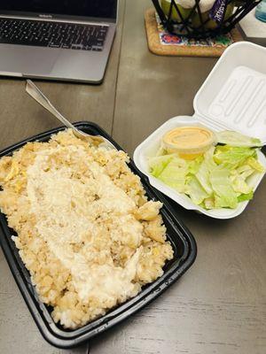 Chicken Hibachi fried rice with Hibachi Sauce and a side salad